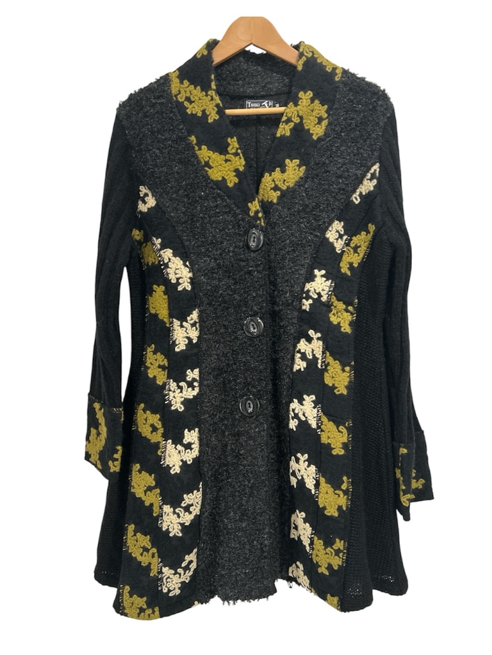 Tivoli of Ireland Long Cardigan Sweater Black Green Wool Blend Art To Wear - M